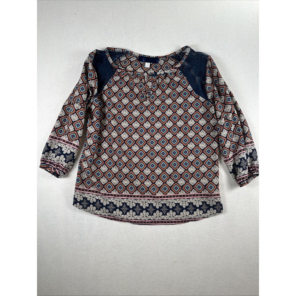 Festival Boho Geometric Print 3/4 Sleeve Blouse‎ Women's Medium Made in USA